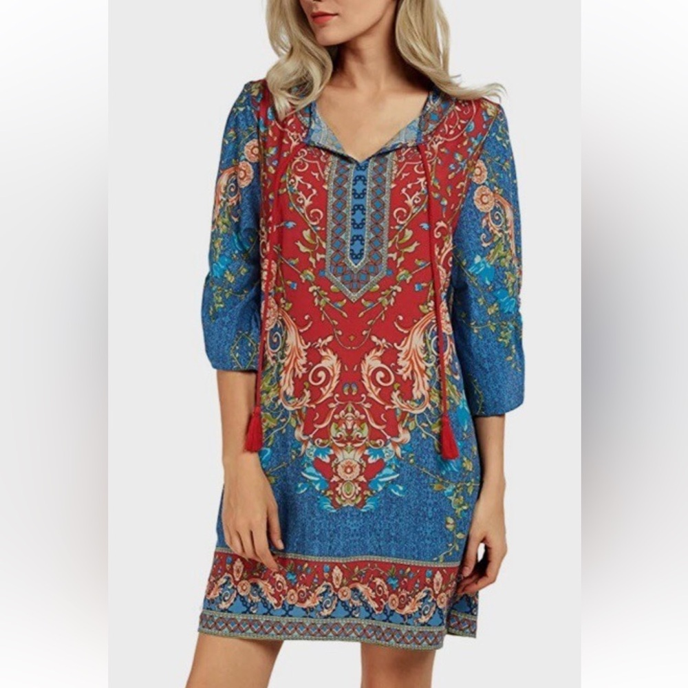 Urban Coco Vibrant Red and Blue Patterned Boho Midi Dress - Size Medium